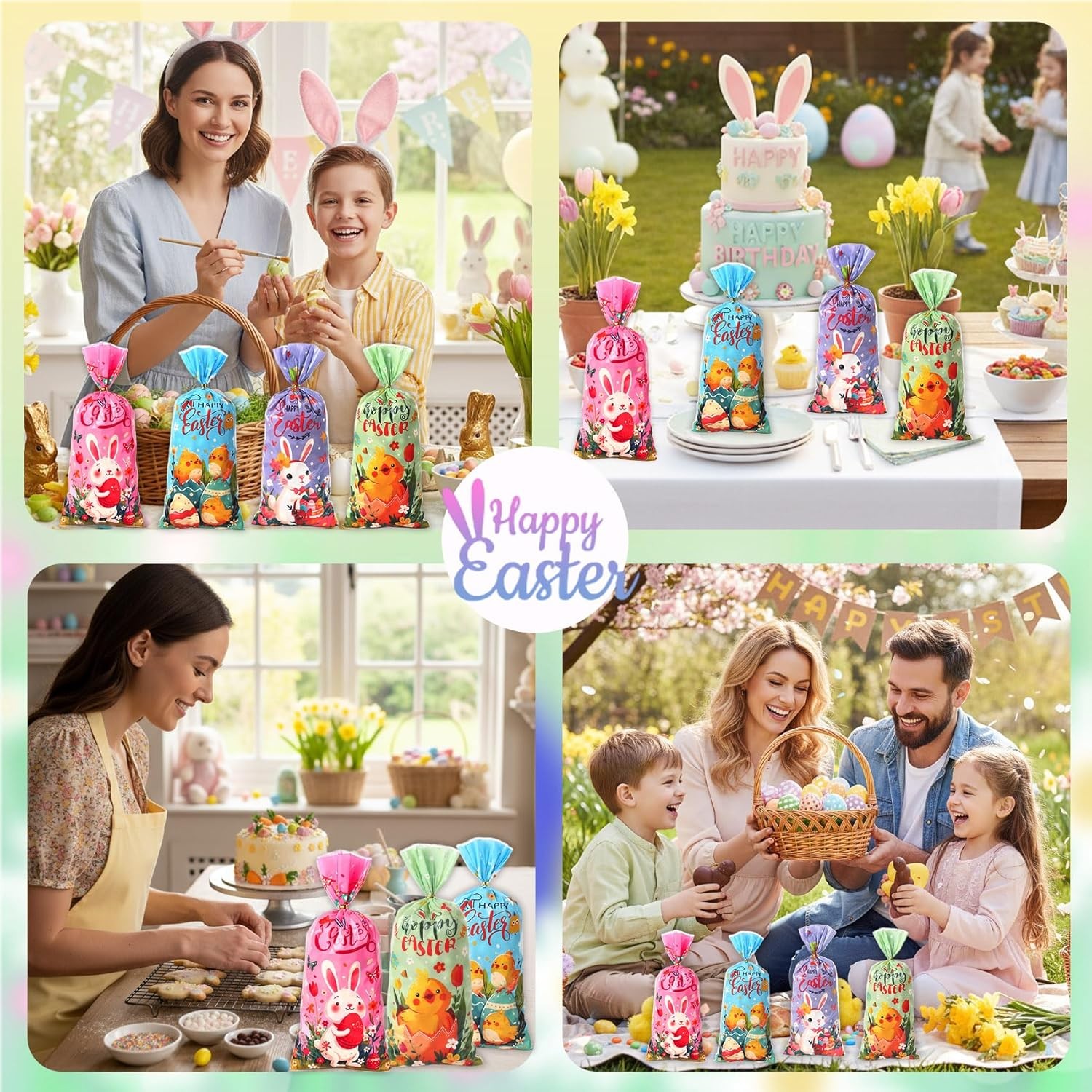 Happy Easter Treat Bags, 100Pcs Easter Cellophane Goodie Bags, Colorful Plastic