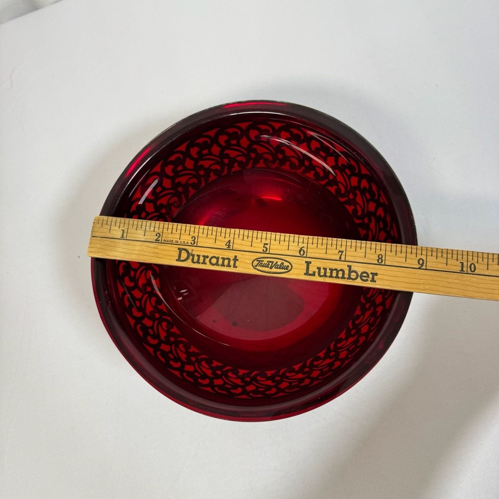 Vintage Ruby Red Plastic Liner Silverplate Pierced Lattice Fruit Bowl