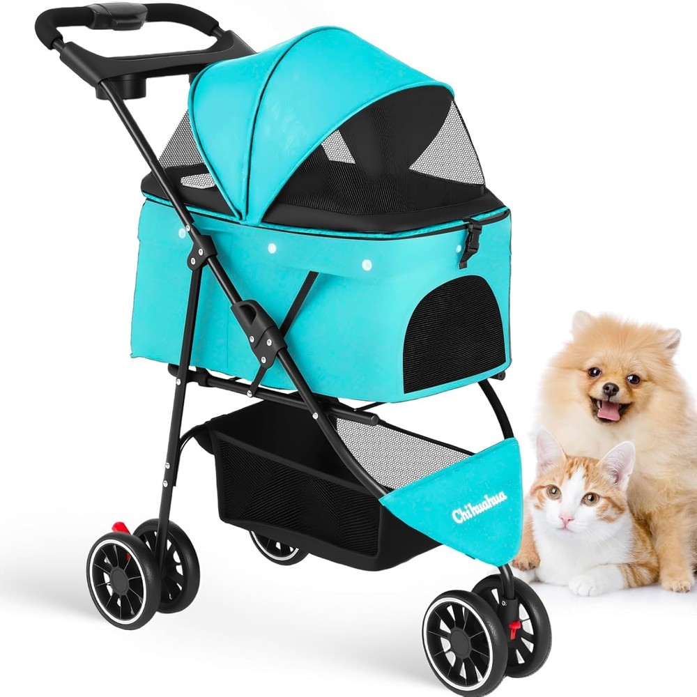 Pet Stroller Dog Stroller Small Medium Dog Cat 3 Wheels Foldable with Canopy