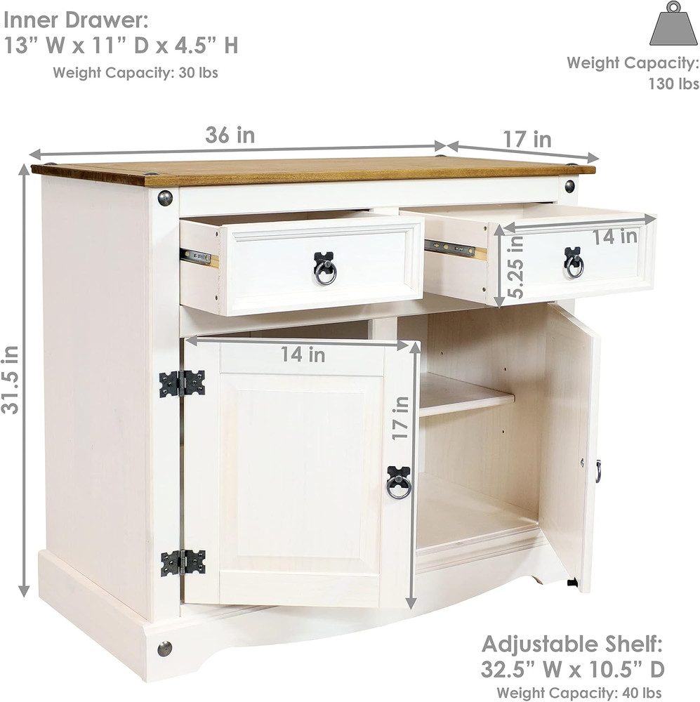 Sunnydaze 31.5" Kitchen Sideboard Cabinet - Solid Pine, 2 Drawers & Doors