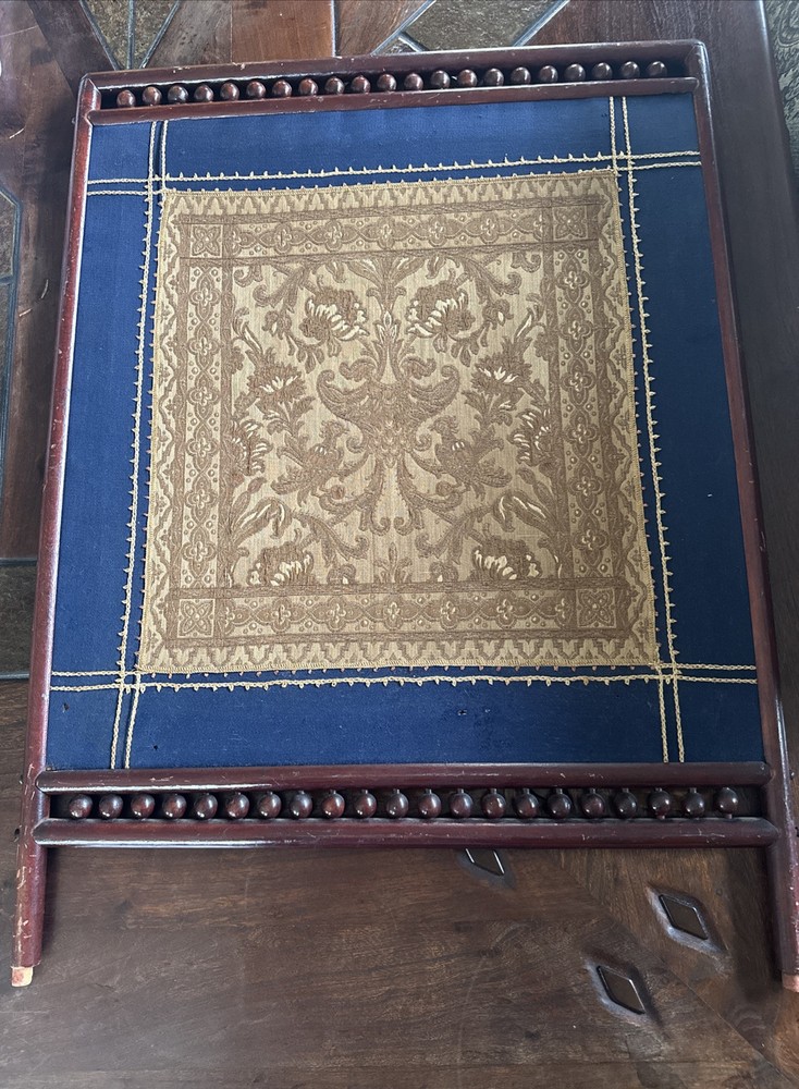 Antique Tapestry Fireplace Screen With Partial Wood Frame
