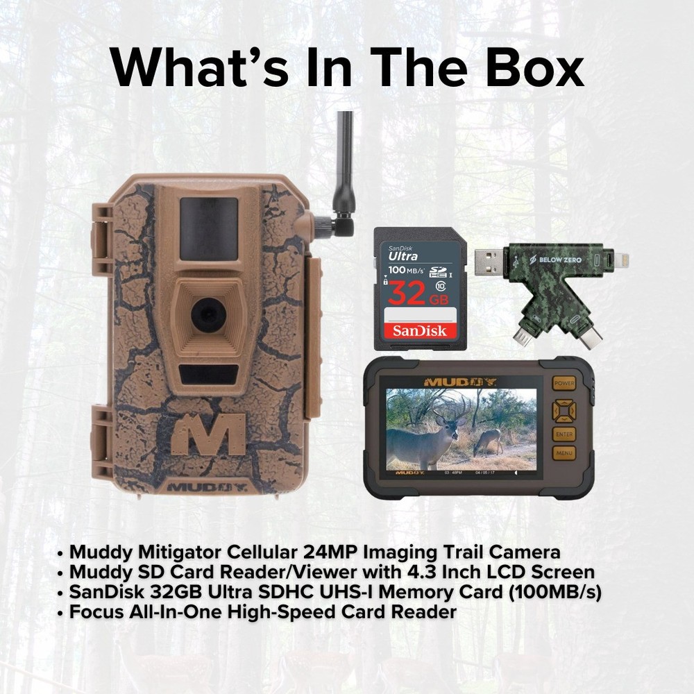 Muddy Mitigator Cellular 24MP Imaging Trail Camera 80 Feet Detection Bundle