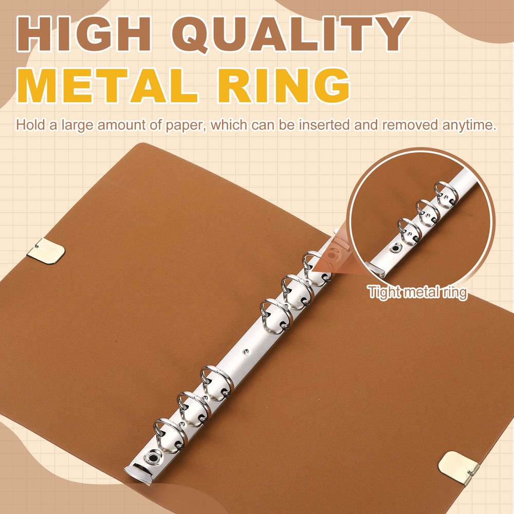 A6 Leather Binder Journal Cover, 6 Ring Elastic Closure, Brown