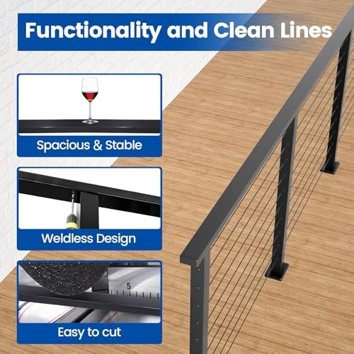 6'6" Stainless Steel Handrail Black Rectangular Top Rail Cable Railing System