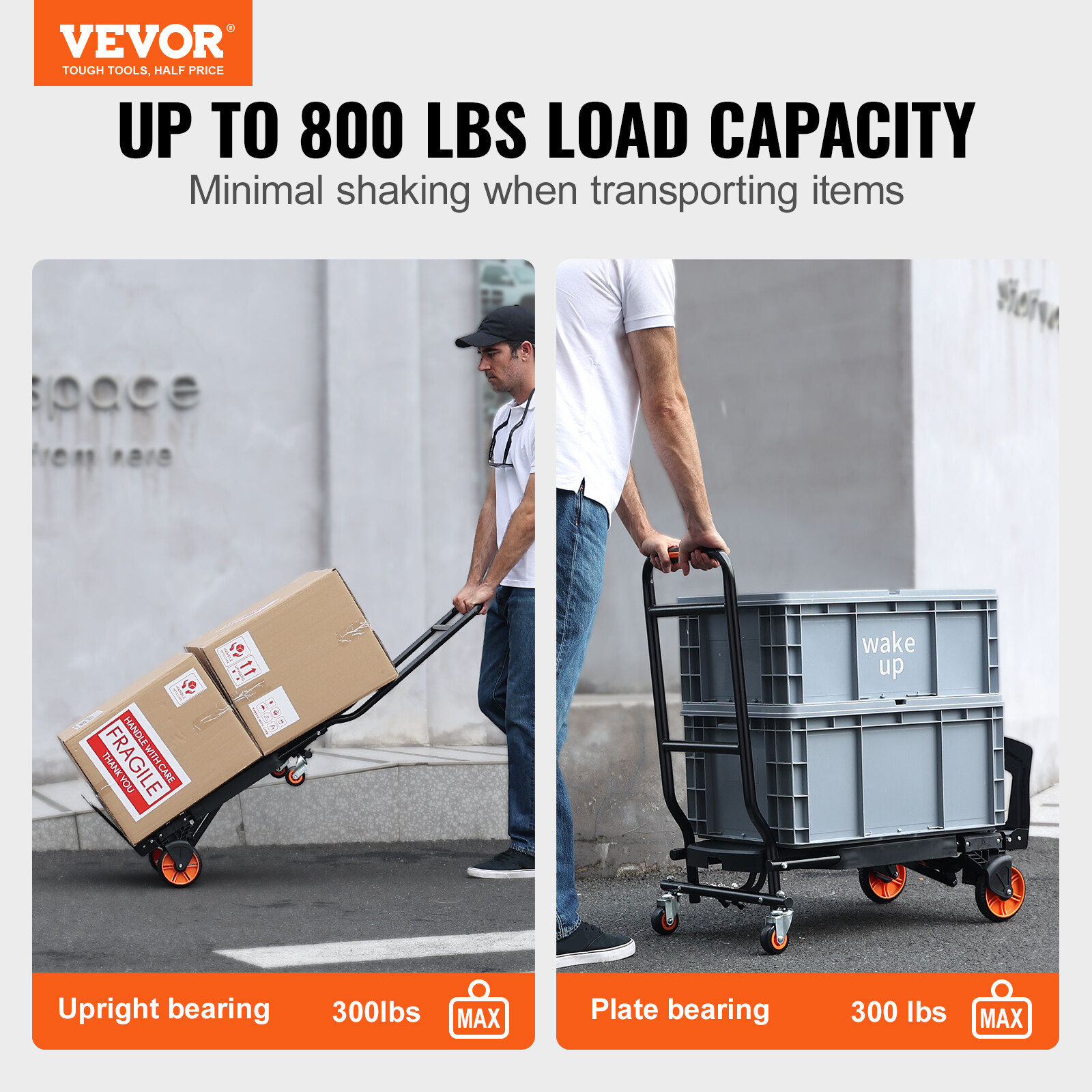 VEVOR Aluminum Hand Truck 2 in 1 Folding Dolly Cart 300 lbs Capacity Heavy Duty