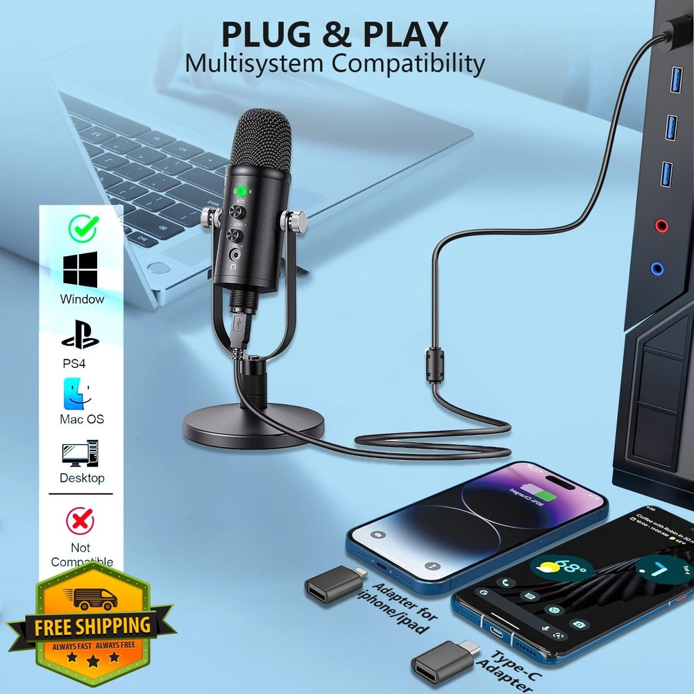 Delarbeaden USB Condenser Mic Plug-and-Play PC Mac Gaming