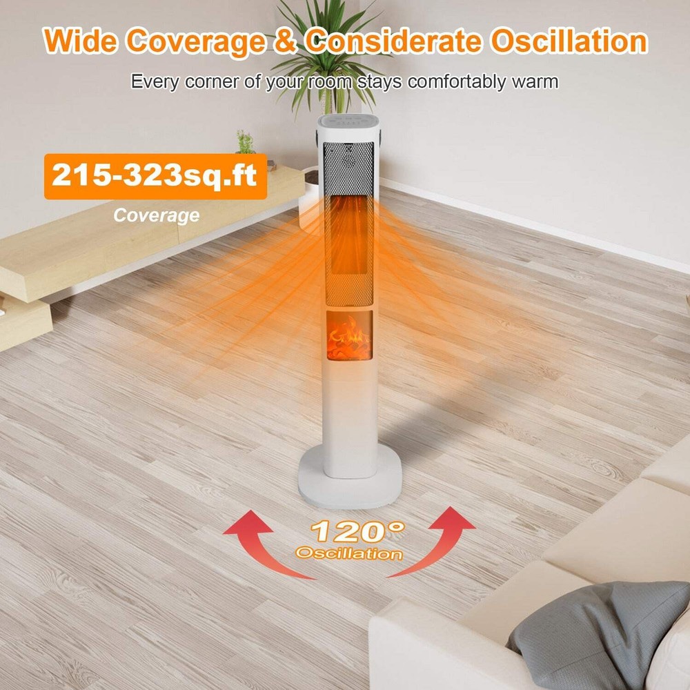 1500W Ceramic Tower Heater with 3D Flame & Remote Control