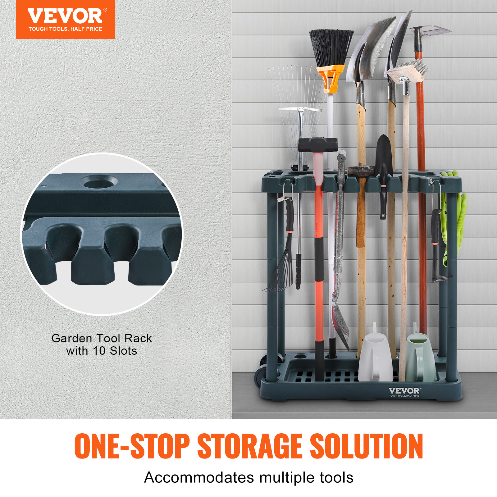 VEVOR Garden Tool Storage Rack Garage Organizer 10 Slots Yard Broom Mop Holder