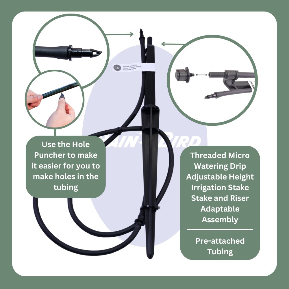 8 RainBird Adjutable Watering Drip Irrigation Stakes on Riser w Micro Bubbler