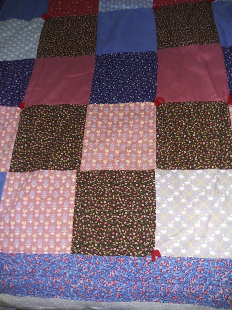 Handmade Tied Light Patchwork Quilt Floral & Solid Squares 74" X 52"