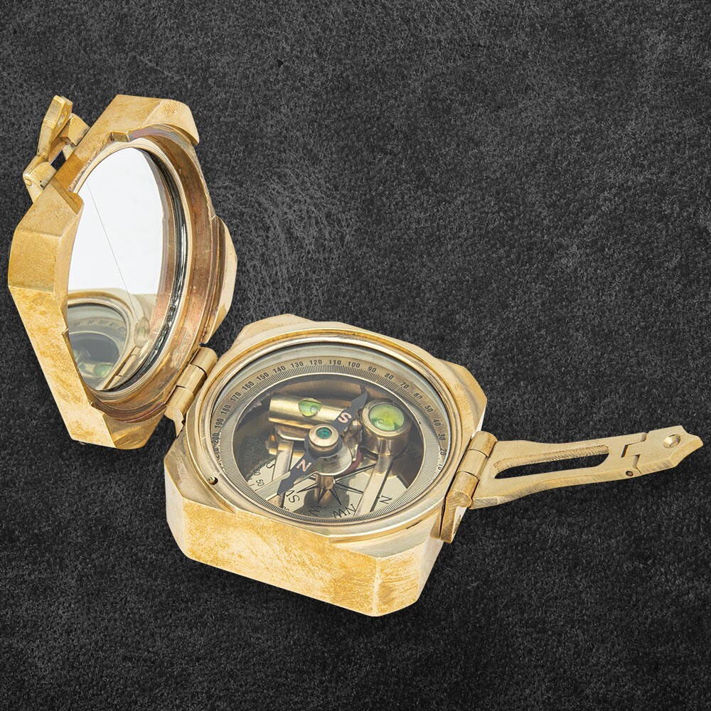Brass Square Case Compass | 3" Wooden Display Box | 2" Brunton Working Compass