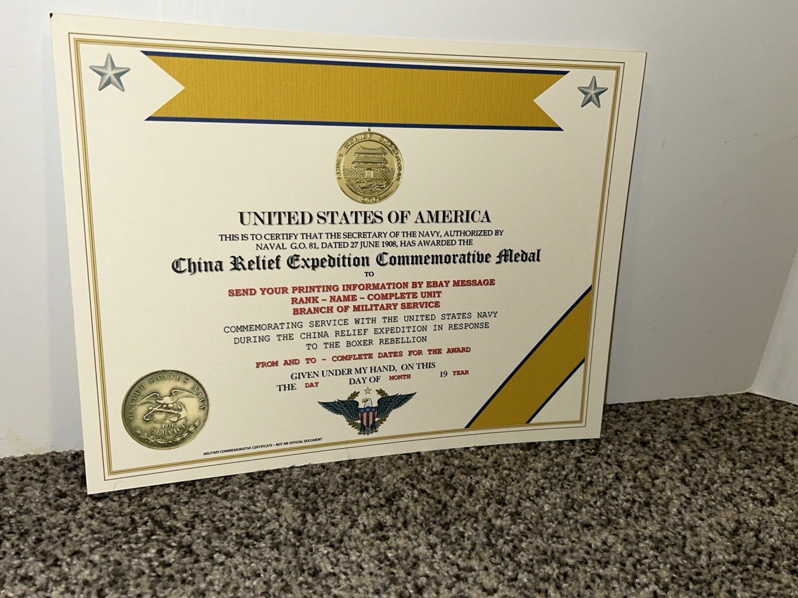 CHINA RELIEF EXPEDITION COMMEMORATIVE MEDAL CERTIFICATE ~ W/PRINTING TYPE-1