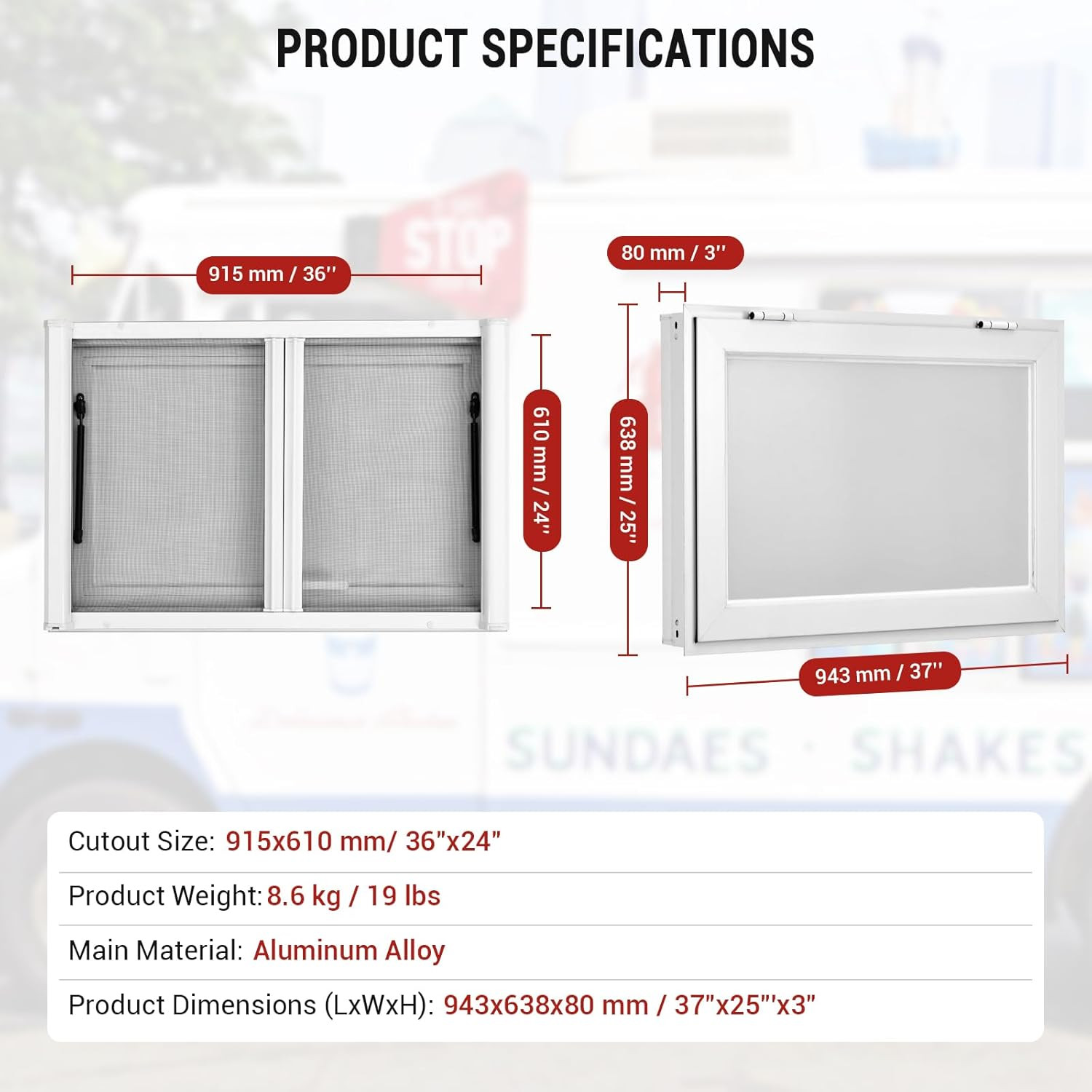 36"W x 24"H Concession Stand Serving Window Food Truck Service Window w/ Awning