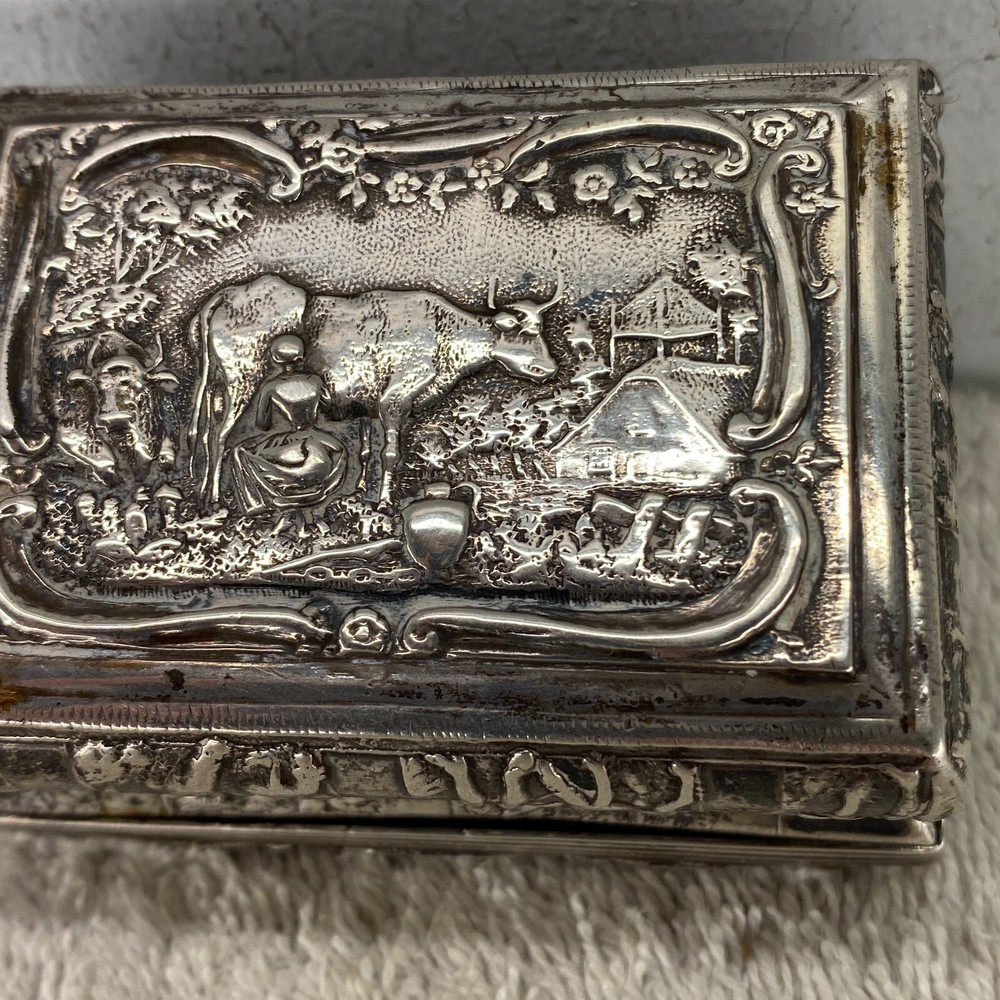 German 19th Century Embossed Farm Scene Solid Silver Table Snuff Box