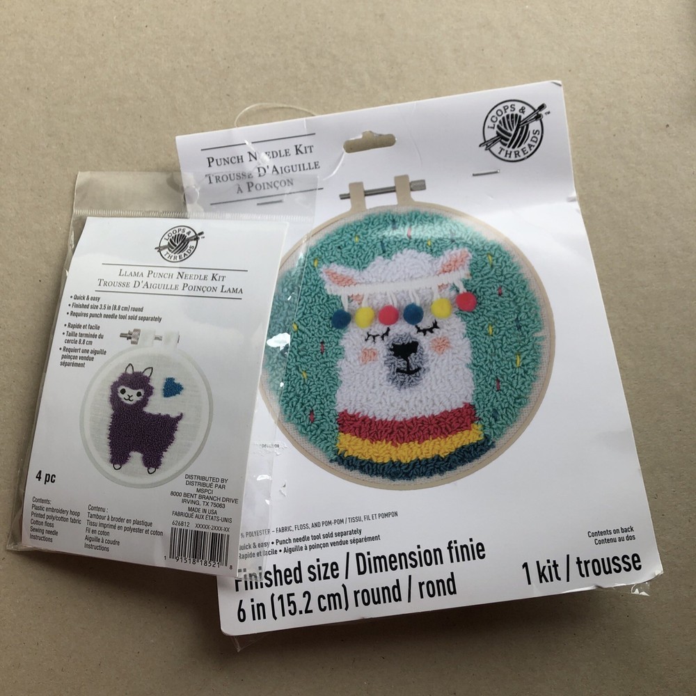 TWO Loops & Threads LLAMA Punch Needle Kit Embroidery Hoop Floss Needle