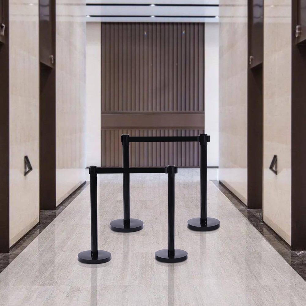 4Pcs Crowd Control Barrier Queue Poles Black Retractable Belt Stanchion Posts