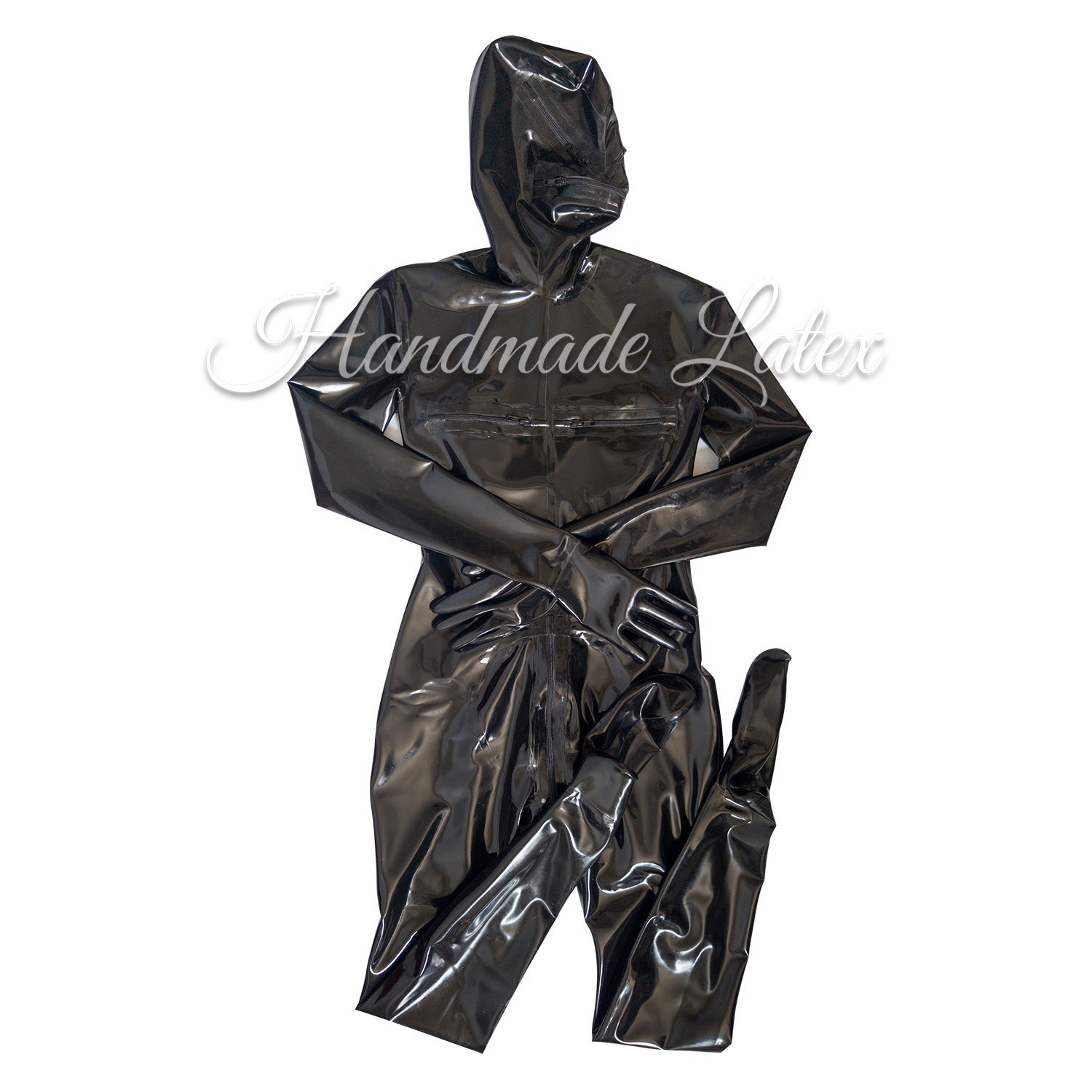 Men Latex Chest Zip Catsuit Hood Zip Penies Sheath Rubber Bodysuit Customized