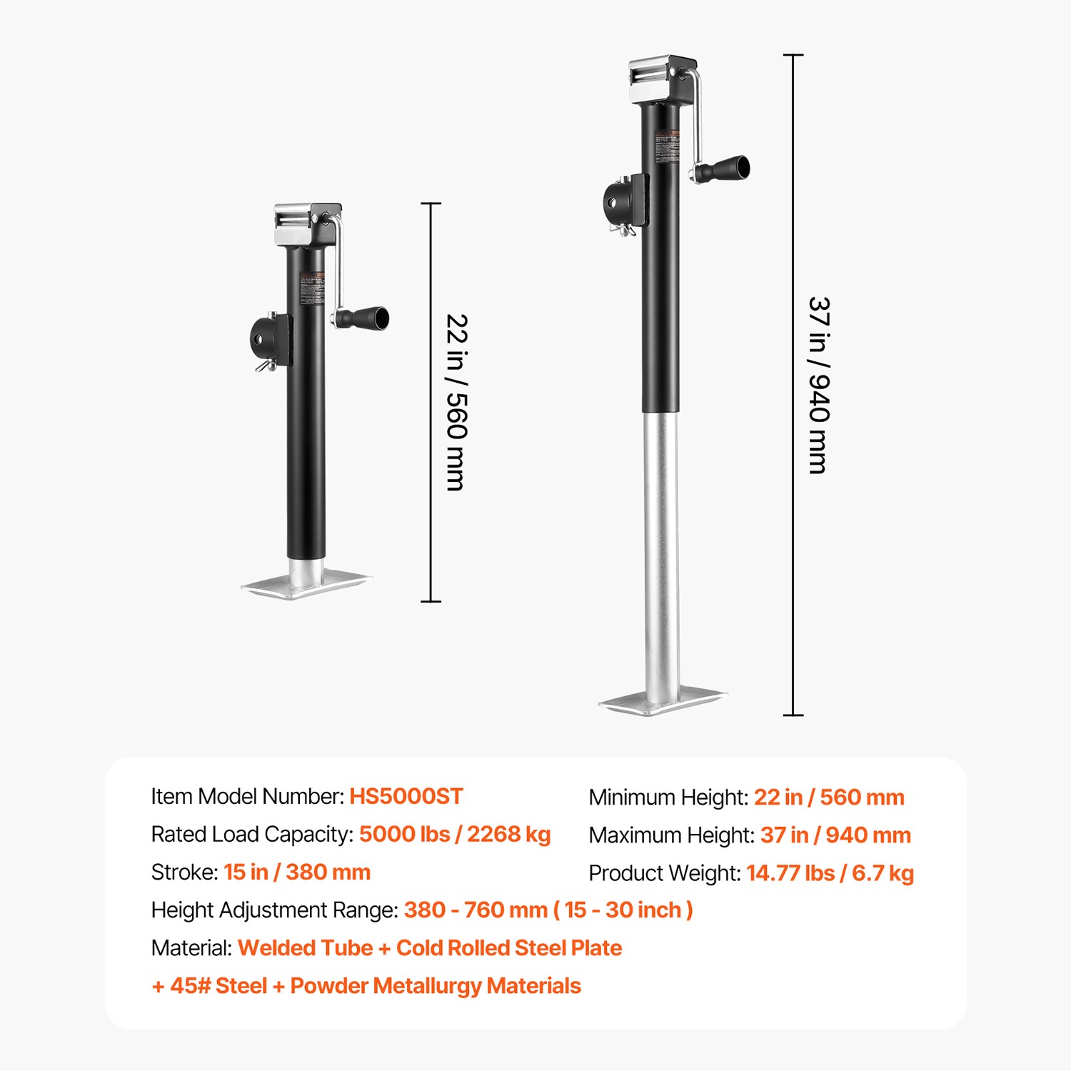 Trailer Jack Weld-on Pipe Mount Swivel Trailer Jack 5000 lbs 15" Travel