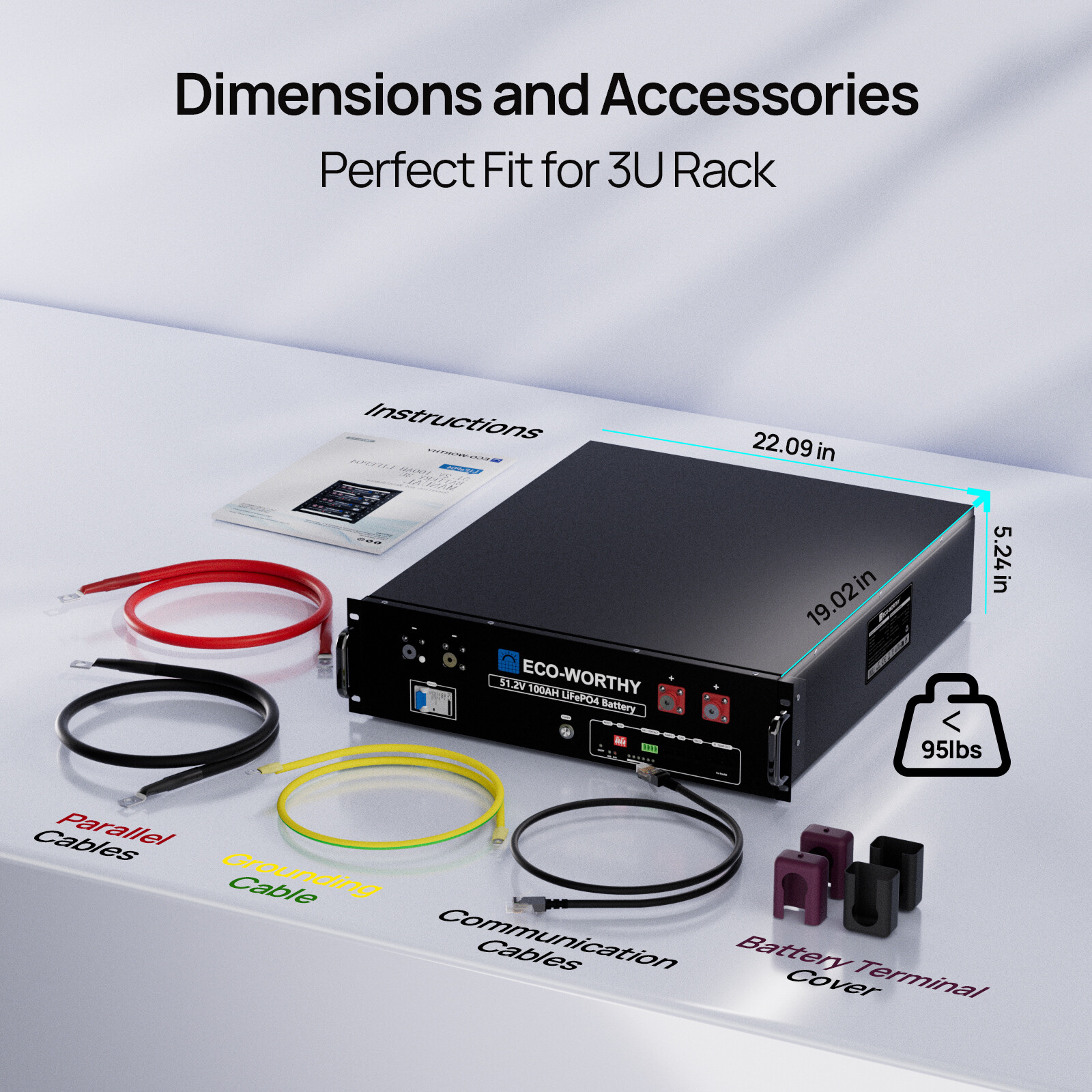 ECO-WORTHY 10.24kWh 48V 100AH Server Rack LiFePO4 Lithium Battery 3U Size Home