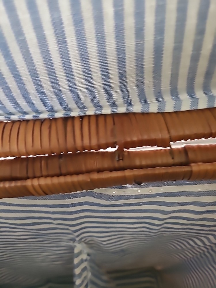 RATTAN BIG PICNIC WINE HAMPER WITH ADJUSTABLE BROWN STRAP BLUE STRIPE INSIDE EUC
