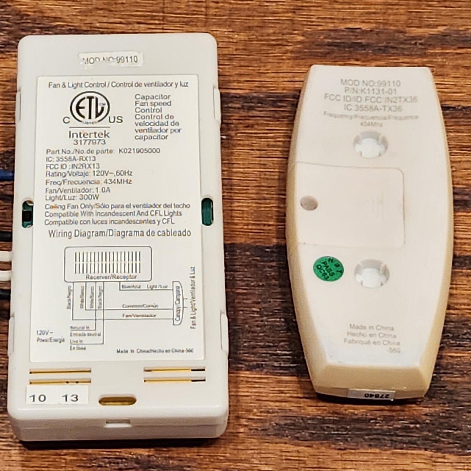 Hunter Ceiling Fan Remote Receiver K803201000 - Intertek 3177973