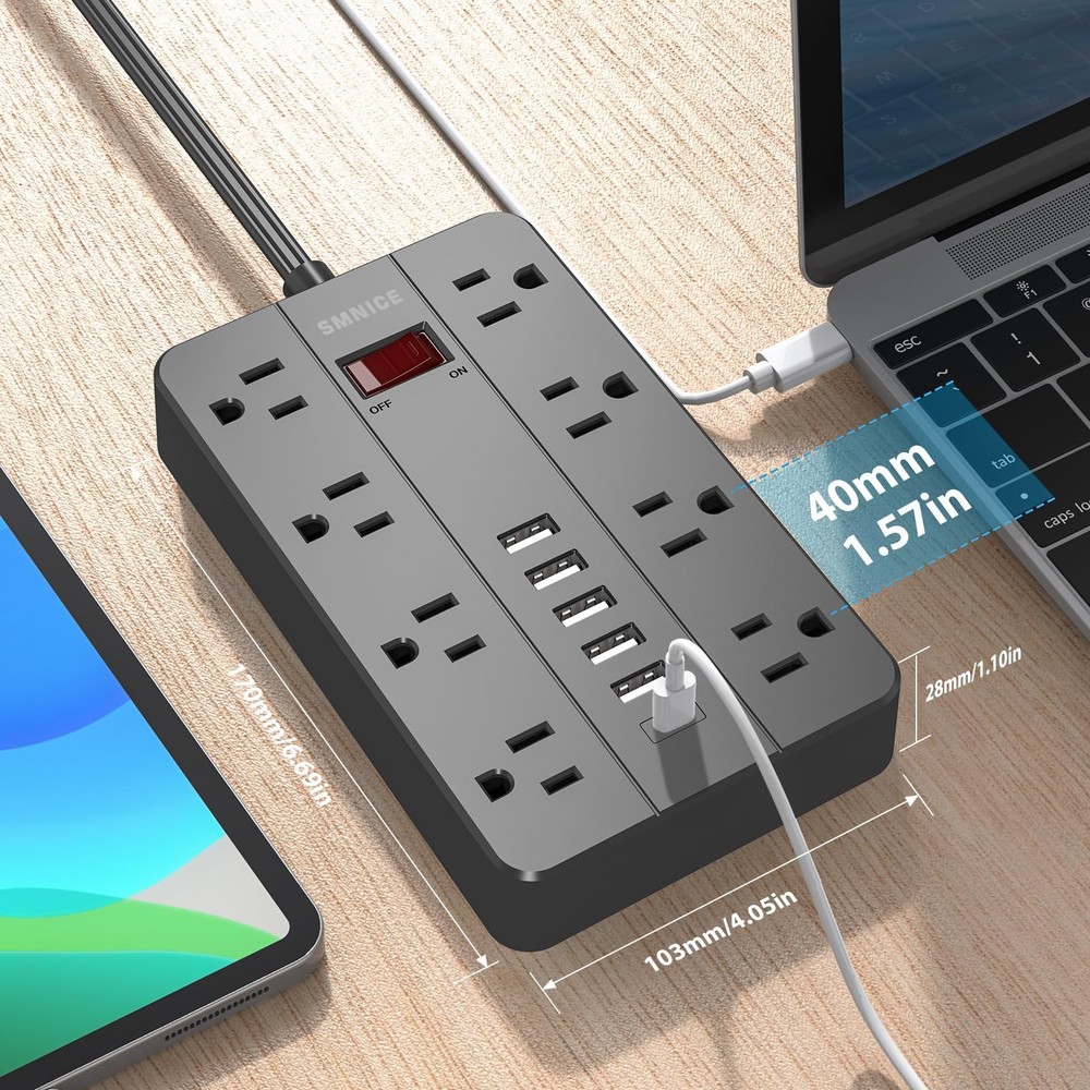 Power Strip with USB,SMNICE Surge Protector Flat Plug with 8 Widely-Spaced Ou...