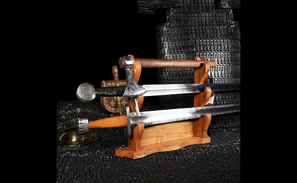 Katana Stand Sword Axe Display Wooden Holder Medieval 3 Tier Table Top Natural