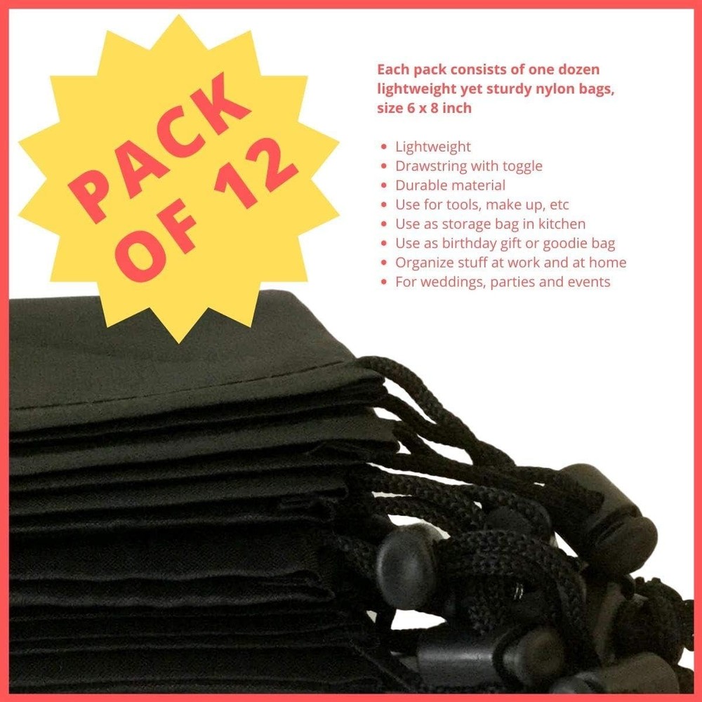 Drawstring Bag with Toggle - Nylon Cinch and Ditty 6 x 8 - 12 pack, Black