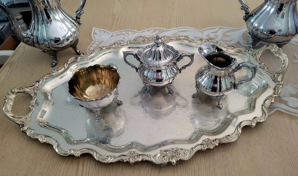 Rose Point 1200, by Wallace Silver Coffee/Teapot Silverplate Complete Set - 6 Pc