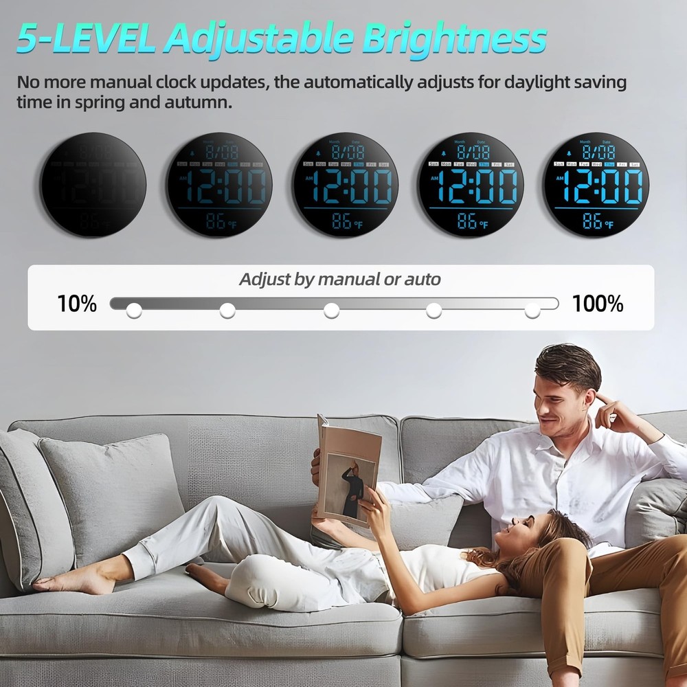 8in Round Digital Wall Clock, Large LED Display, Auto DST, Temperature, Alarm...