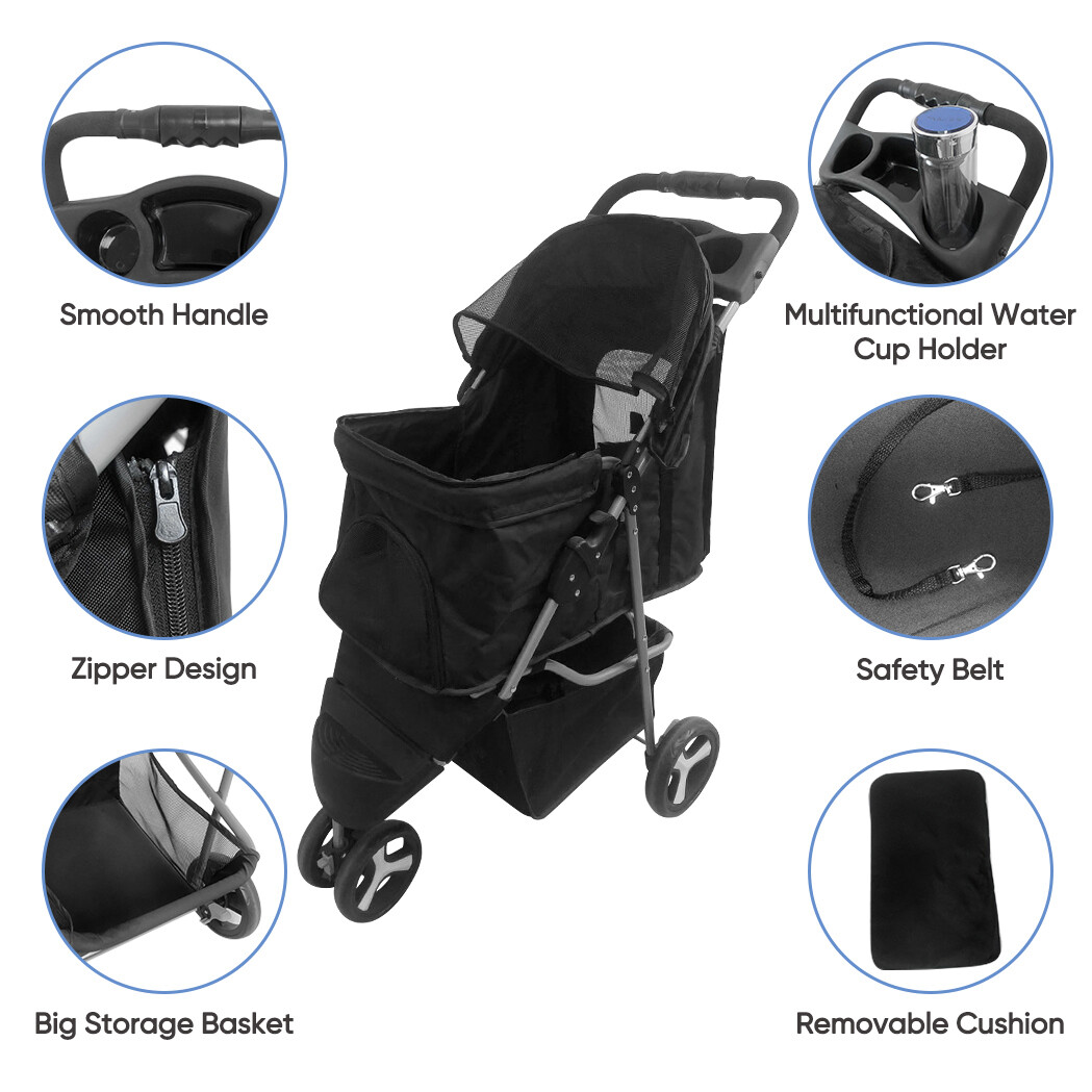 3 Wheels Pet Stroller Foldable Dog Stroller Cart Cat Carrier w/Cup Holder Black