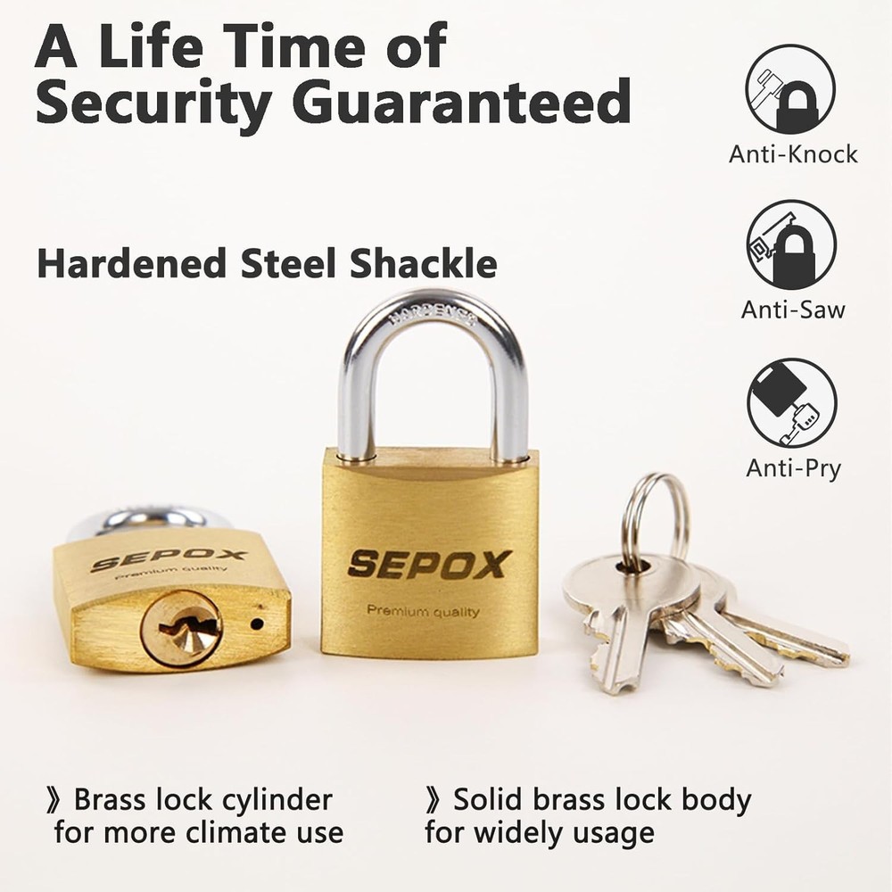 8-Pack Solid-Brass Padlocks, Keyed Alike 1-3/16'' Anti-Cut Shackle for Security