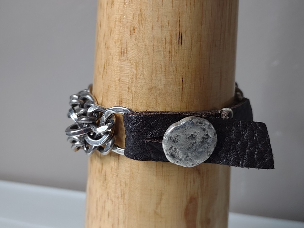 7 Inch Nava Glazer 3 Layer Chain Link And Leather Bracelet