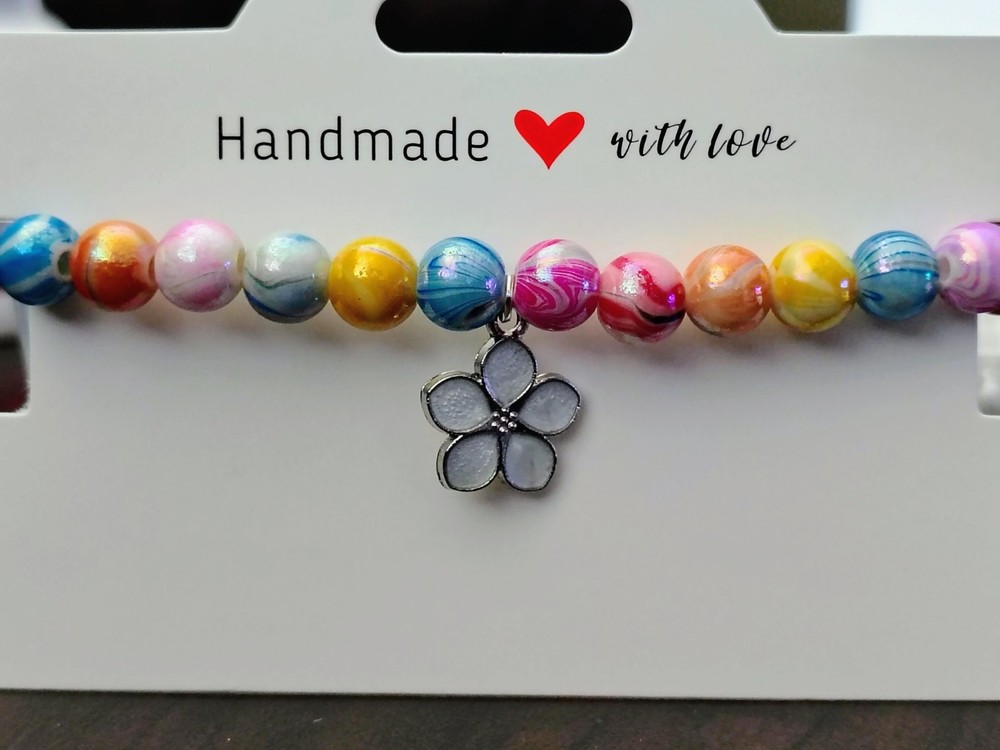 Multicolored Glossy Beaded Bracelet Handmade with Dangle Flower Charm 7"