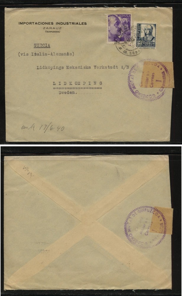 Spain  nice censor cover  to   Sweden              MS1205