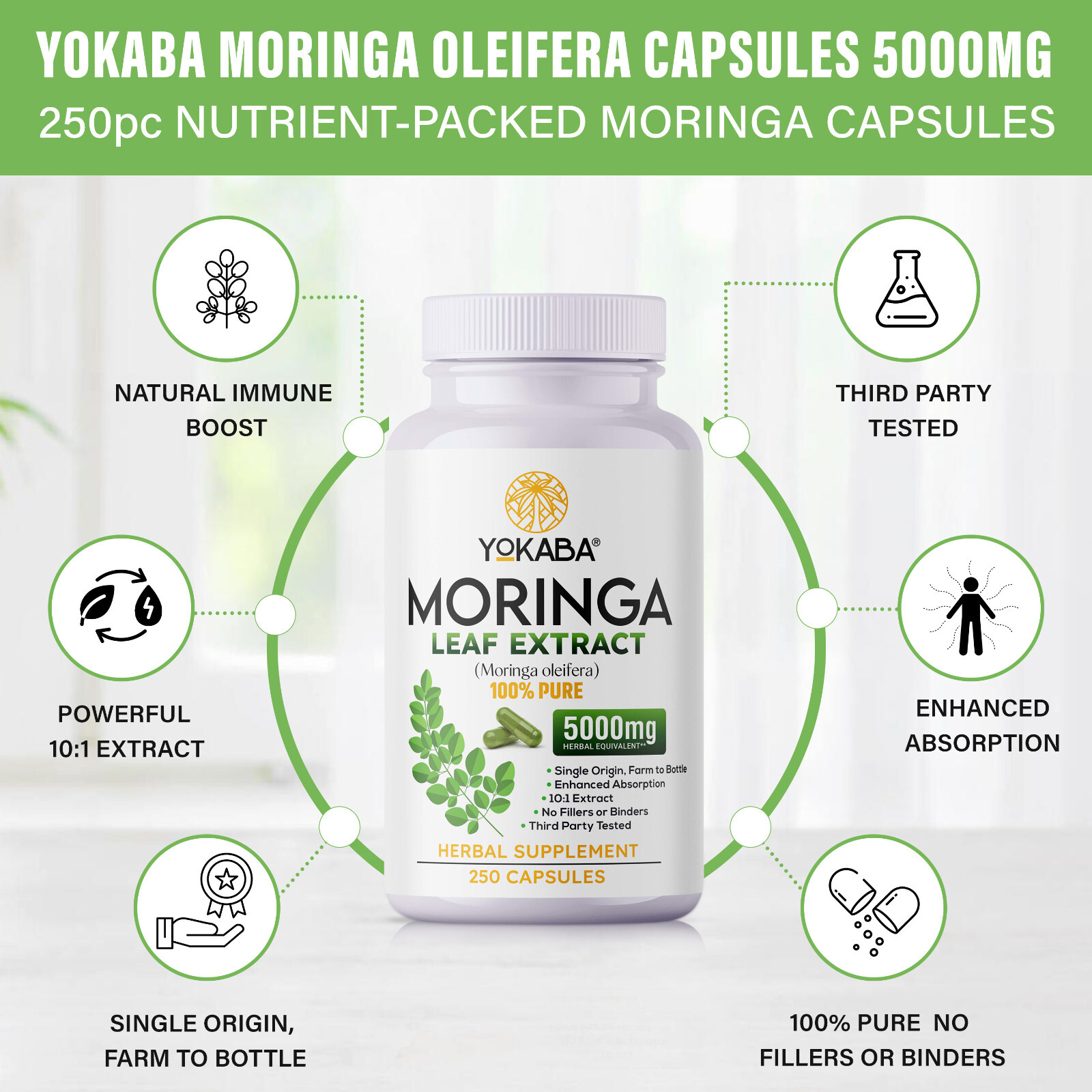 250 Capsules Moringa Oleifera Leaf Powder 5000mg - Organic Herbal Extract YOKABA