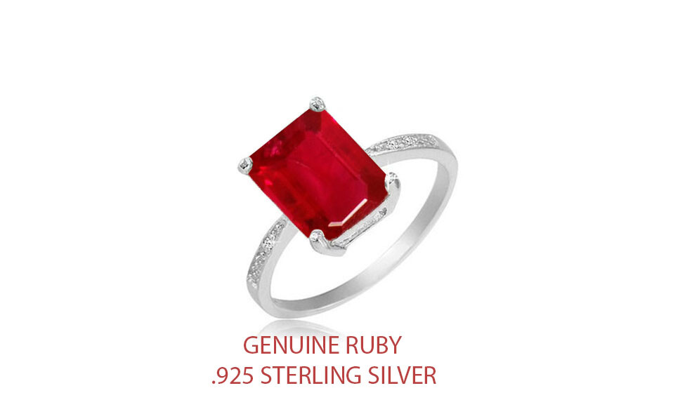4.00 CTTW Lab Created Ruby Emerald Cut Sterling Silver Ring Sizes 6 - 9