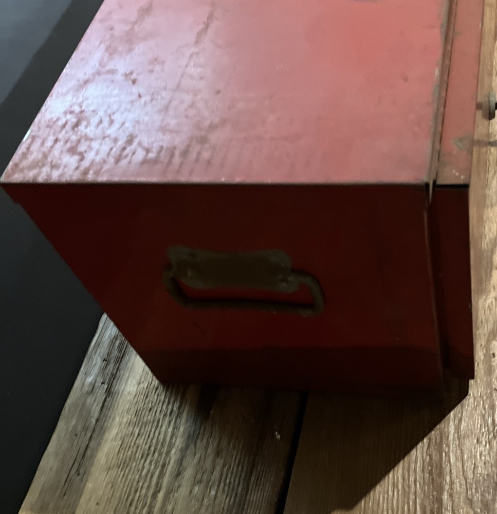 Red Metal Vintage Locking Tool Box With Key