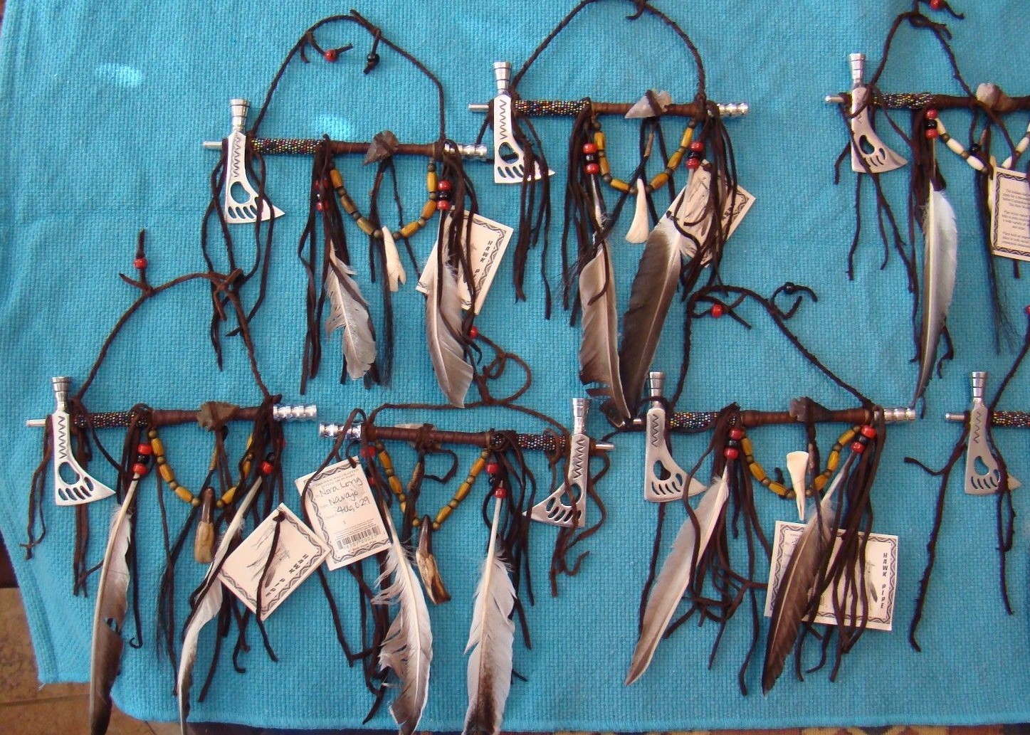 1-ONE Navajo Peace pipe 8" Long w/2 six" feathers, different color beads Works!!