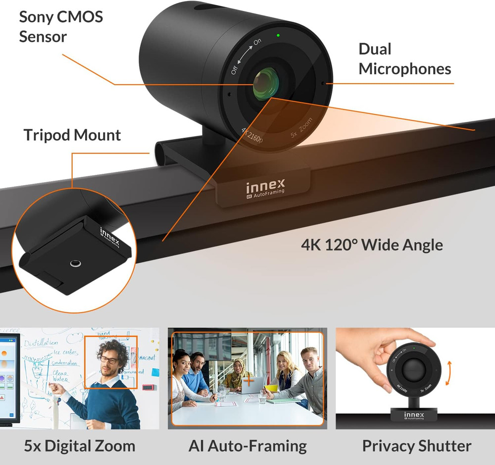 4K AI Tracking Webcam with 120° Wide Angle, Microphone & Remote Control