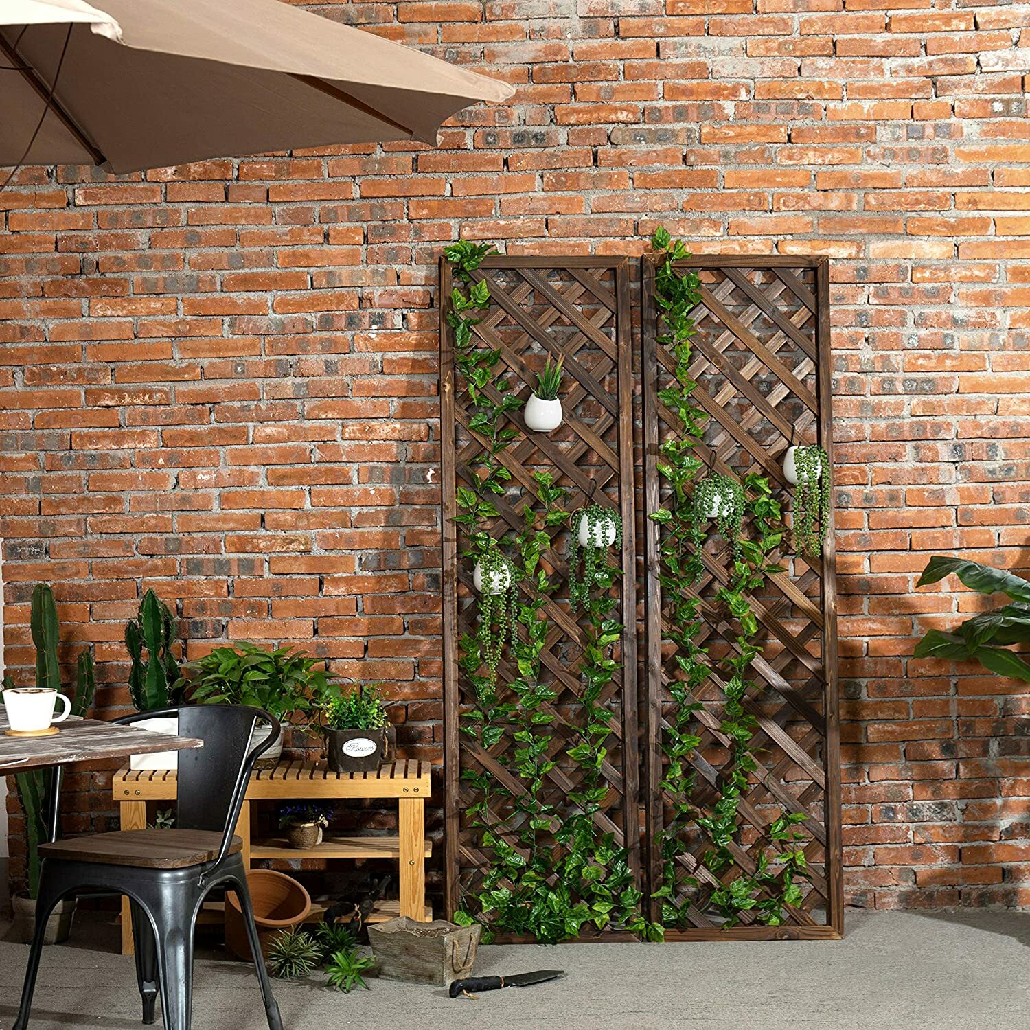 Wall-Mounted Brown Wood Garden Trellis, Lattice Plant Screen,Set of 2