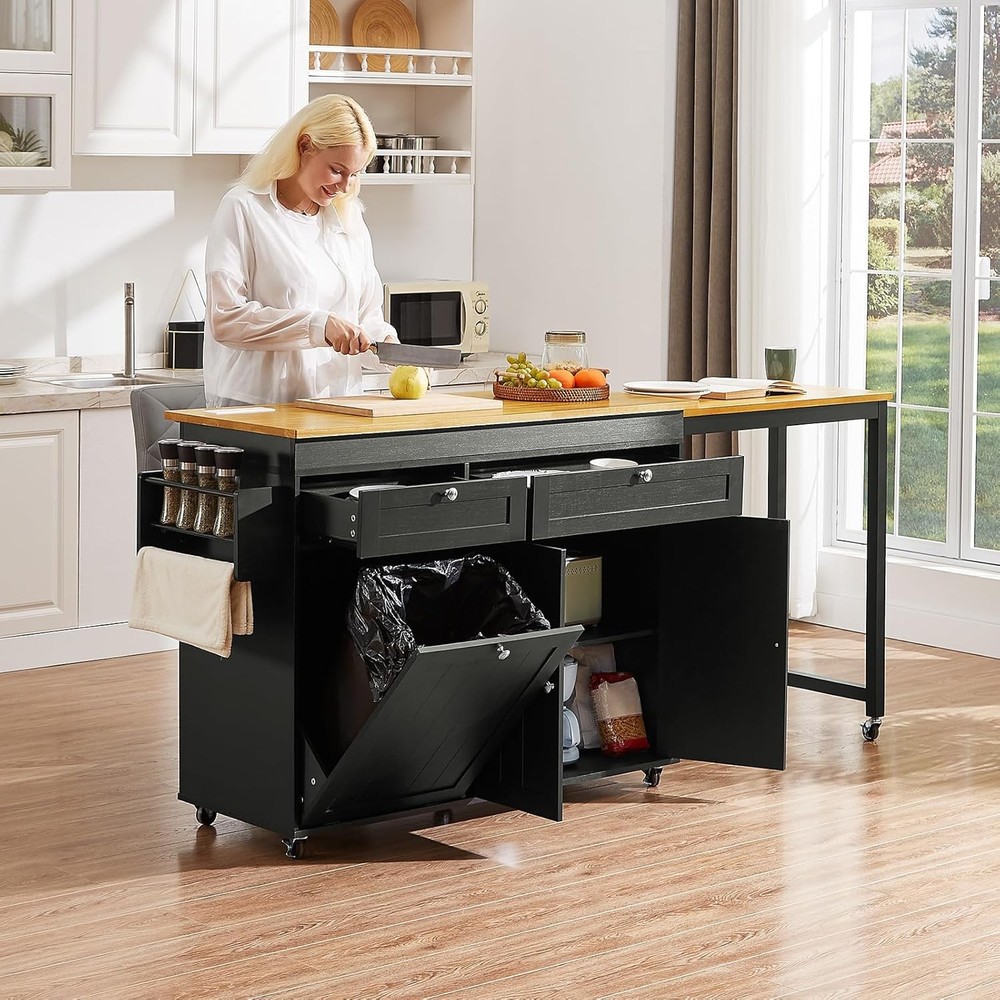 81.7" Kitchen Island with Extendable Dining Table - Mobile Cart, Black
