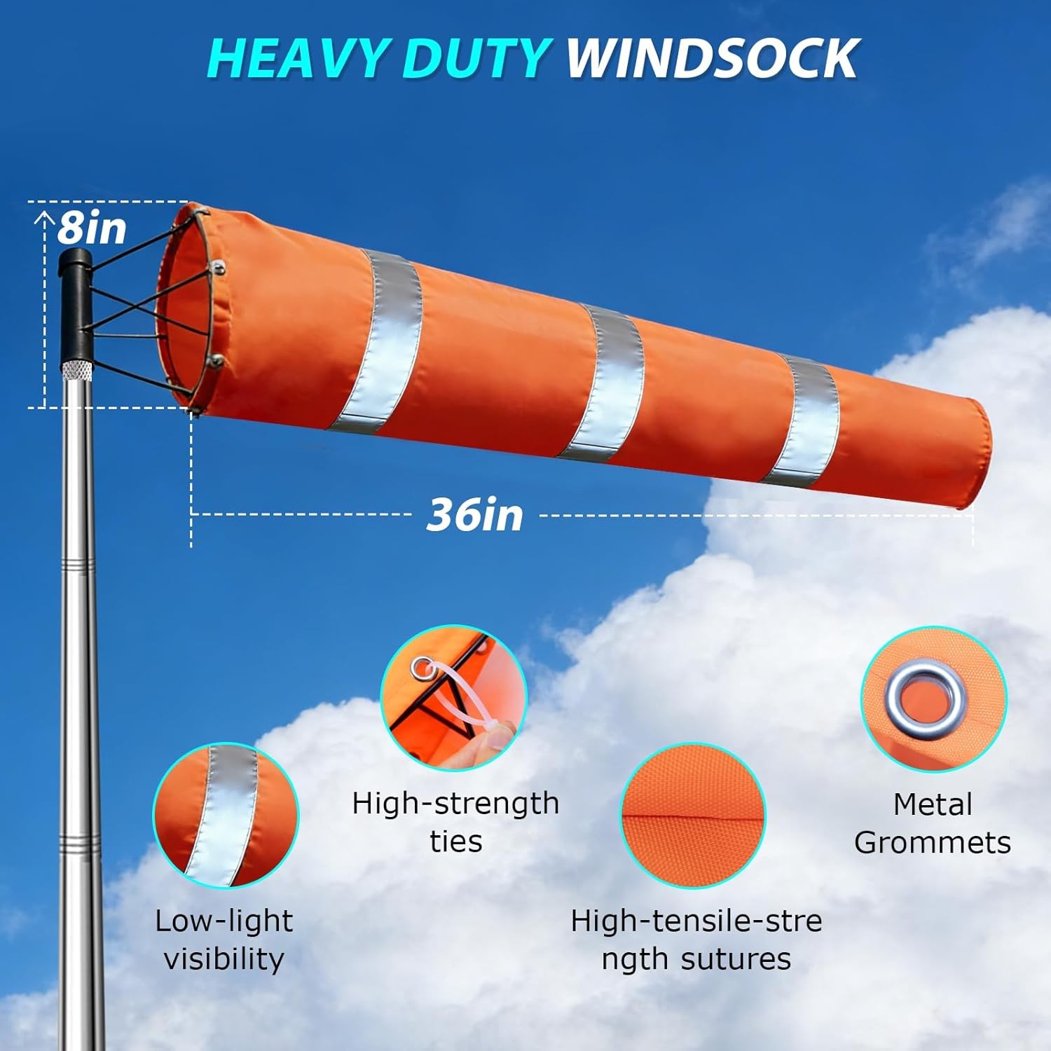 Airport Windsock Kit, 8 in x 36 in Aviation Grade Wind Sock Pole Kit with Swivel
