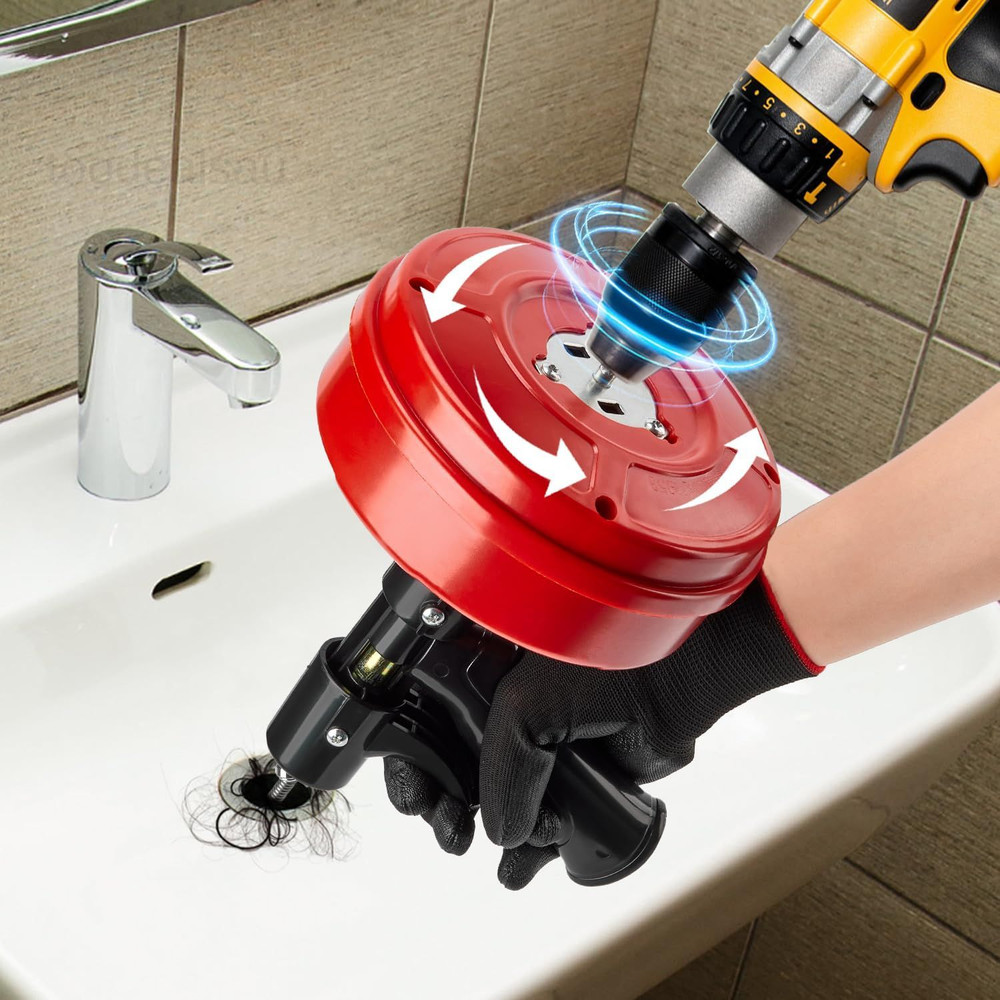 35ft Plumbing Snake Drain Auger with Auto-Retract Function, Red
