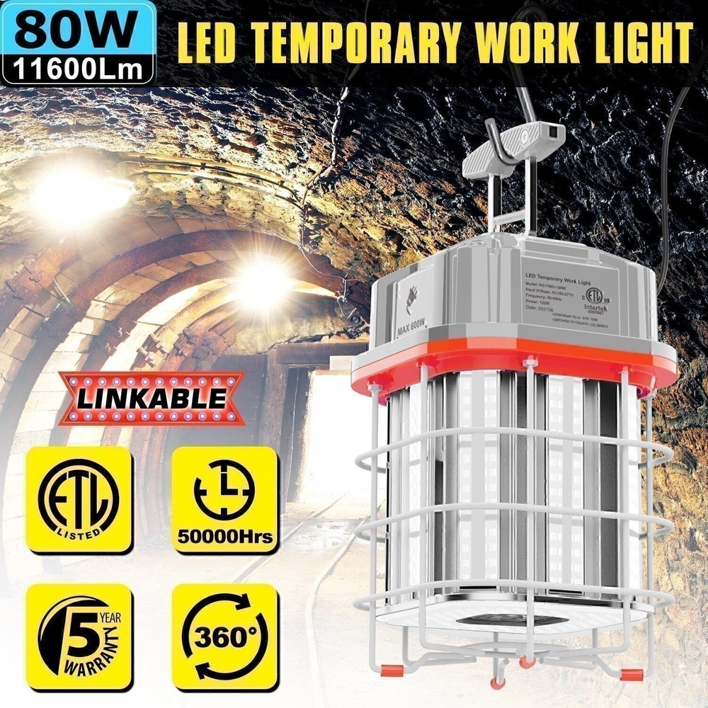 ETL LED Temporary Work Light 80W Linkable Construction Sites Hanging Lamp 5000K