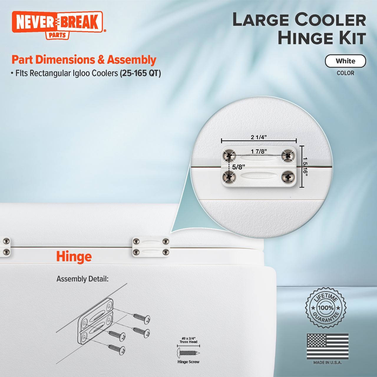NeverBreak Parts - Igloo Cooler Hinges (white) - 3 Pk with screws