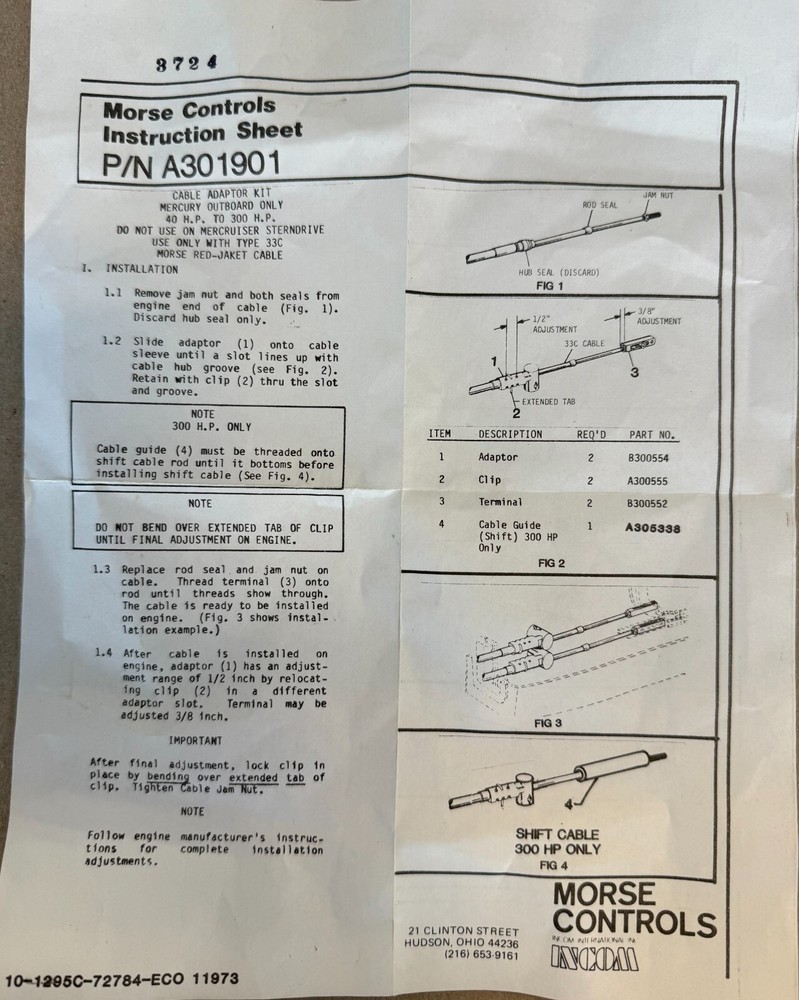 MORSE CONTROLS CABLE ADAPTOR KIT PART#A301901