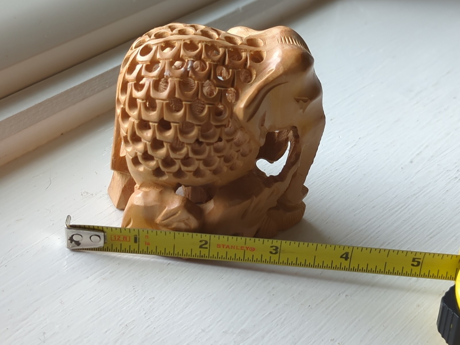 Hand Carved Wooden Elephant Family w/Baby Inside Figurine 3" Tall Intricate