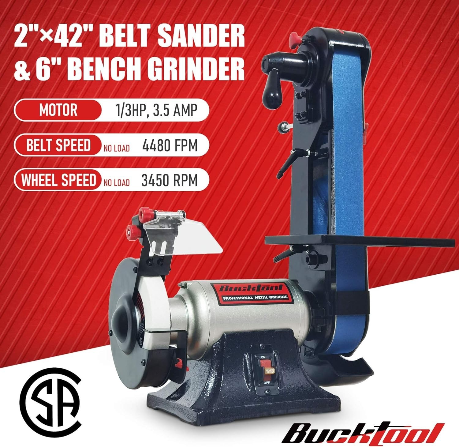 Bucktool Combo 2" x 42" Belt Sander 6" Bench Grinder, Knife Sharpener