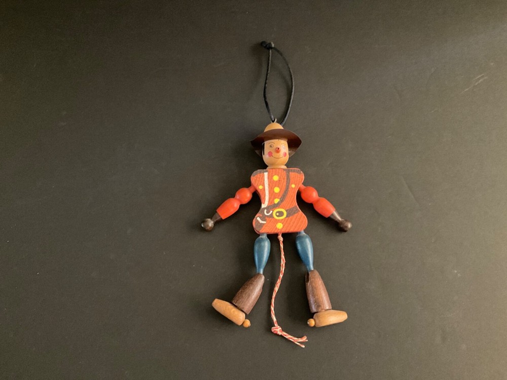 Vintage Wooden Jumping Jack "Mountie" Pull String Toy Austria